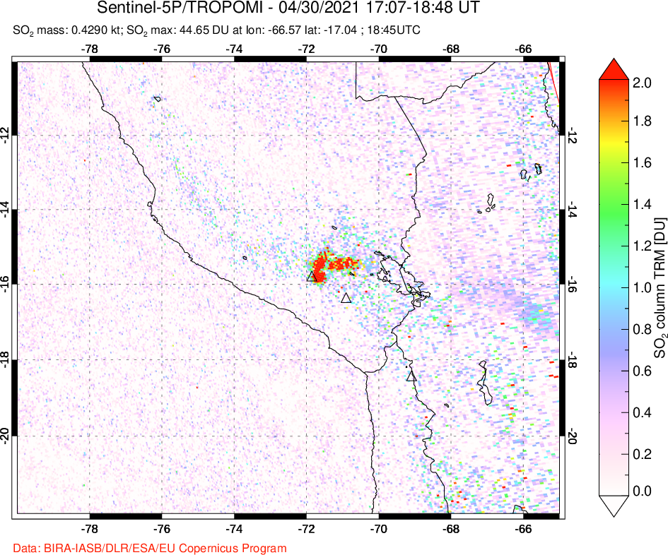 A sulfur dioxide image over Peru on Apr 30, 2021.