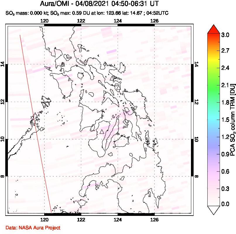 A sulfur dioxide image over Philippines on Apr 08, 2021.