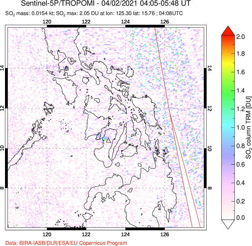 A sulfur dioxide image over Philippines on Apr 02, 2021.