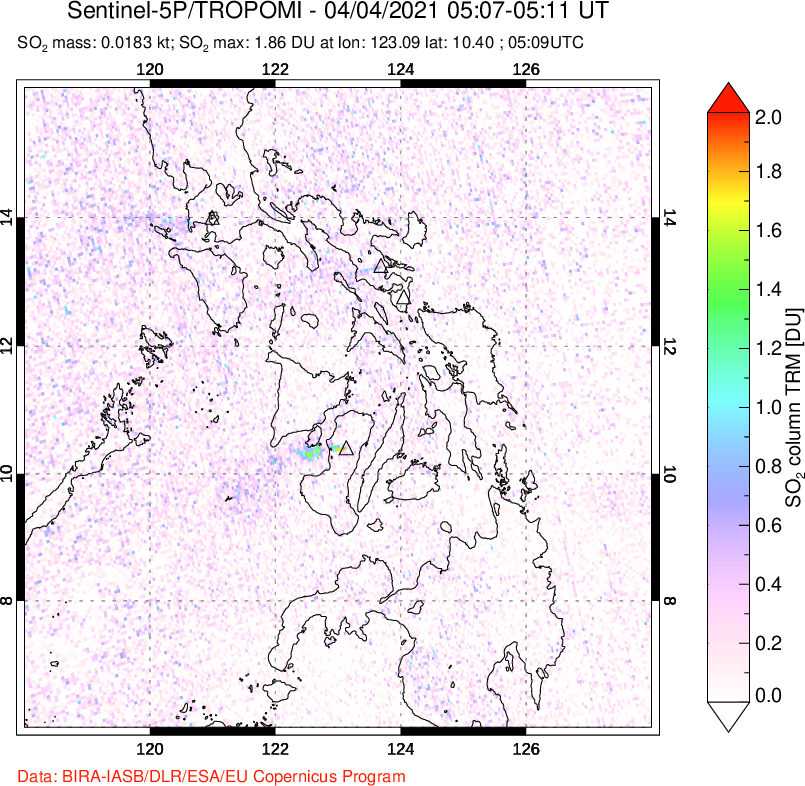 A sulfur dioxide image over Philippines on Apr 04, 2021.