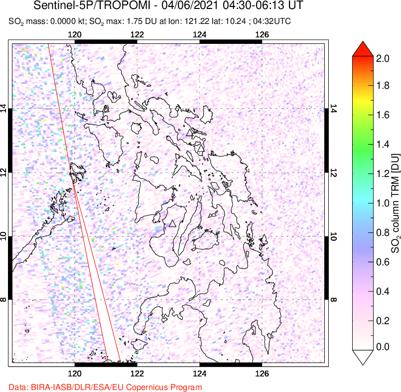 A sulfur dioxide image over Philippines on Apr 06, 2021.