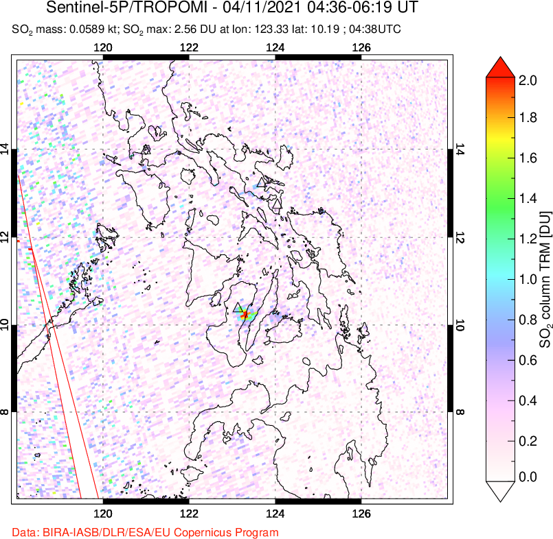 A sulfur dioxide image over Philippines on Apr 11, 2021.