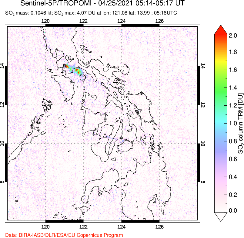A sulfur dioxide image over Philippines on Apr 25, 2021.
