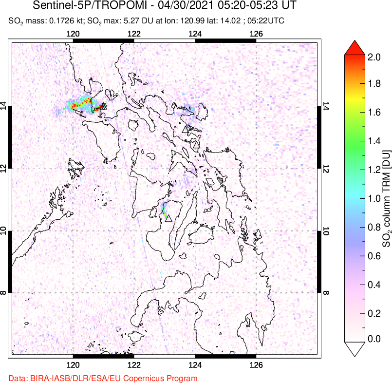 A sulfur dioxide image over Philippines on Apr 30, 2021.