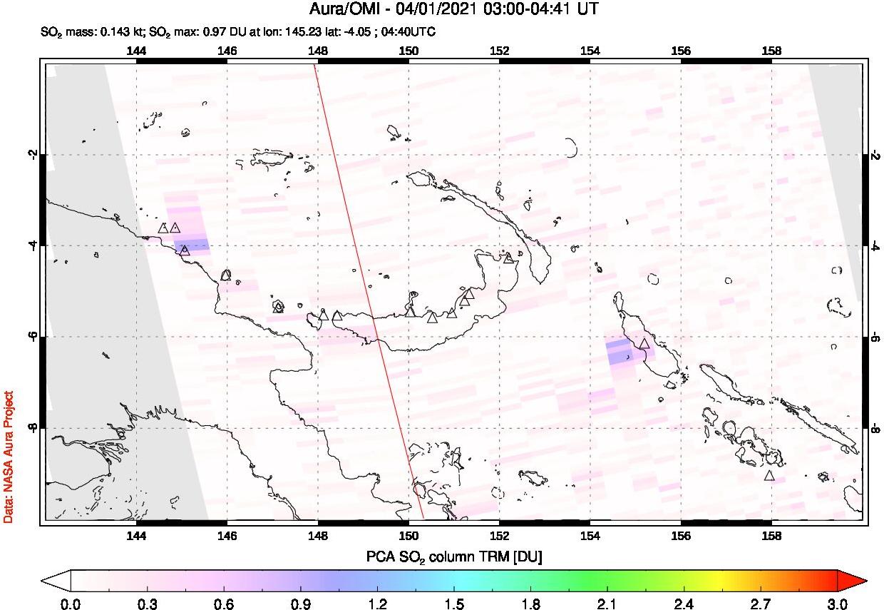 A sulfur dioxide image over Papua, New Guinea on Apr 01, 2021.
