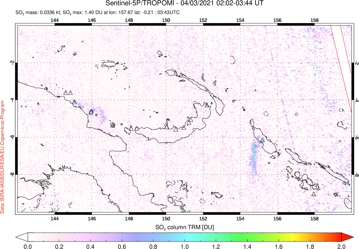 A sulfur dioxide image over Papua, New Guinea on Apr 03, 2021.