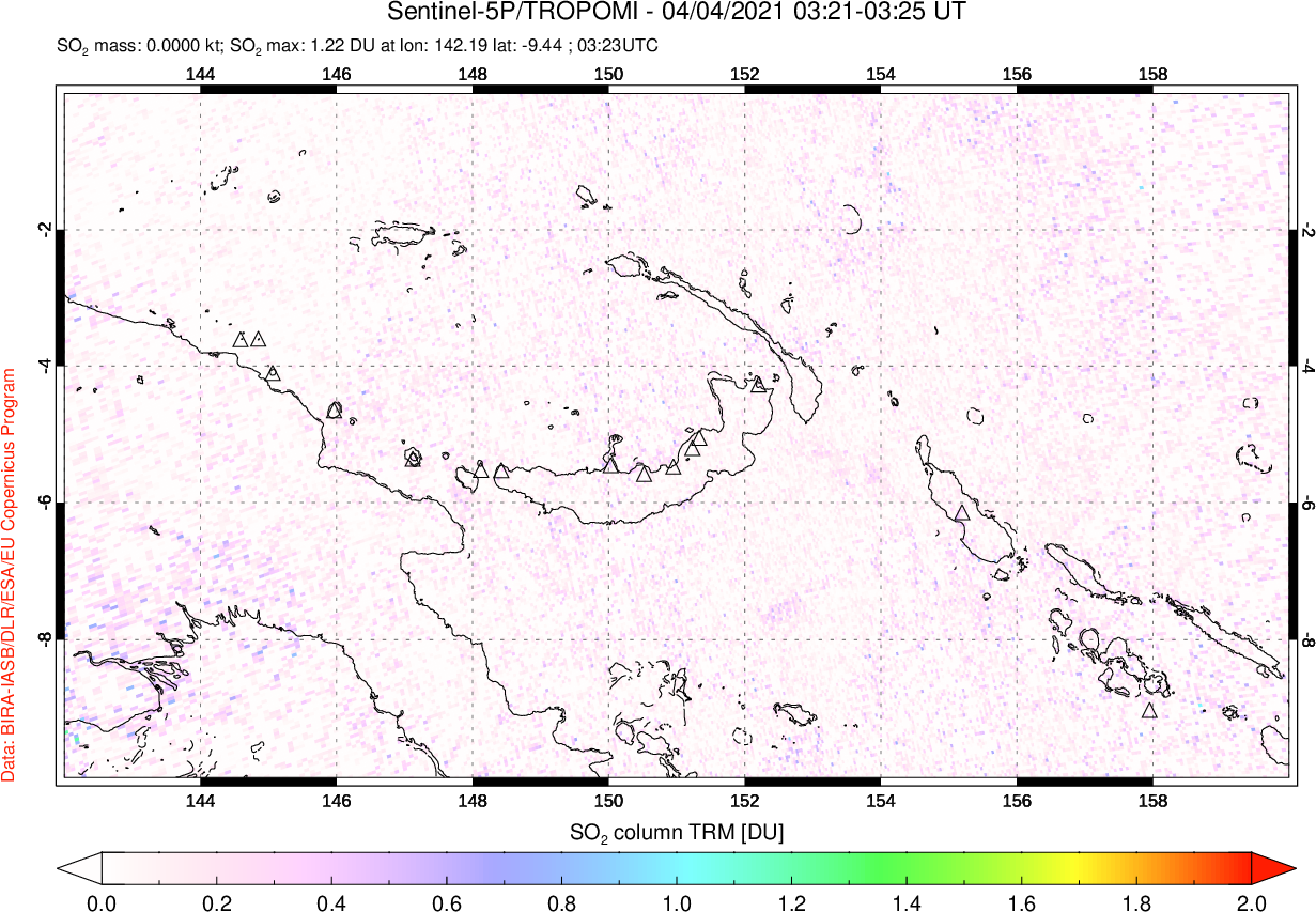 A sulfur dioxide image over Papua, New Guinea on Apr 04, 2021.