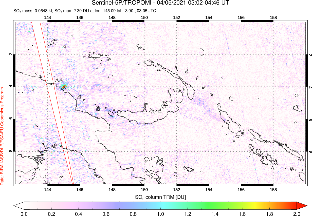 A sulfur dioxide image over Papua, New Guinea on Apr 05, 2021.