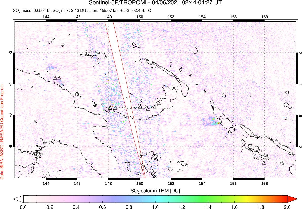 A sulfur dioxide image over Papua, New Guinea on Apr 06, 2021.
