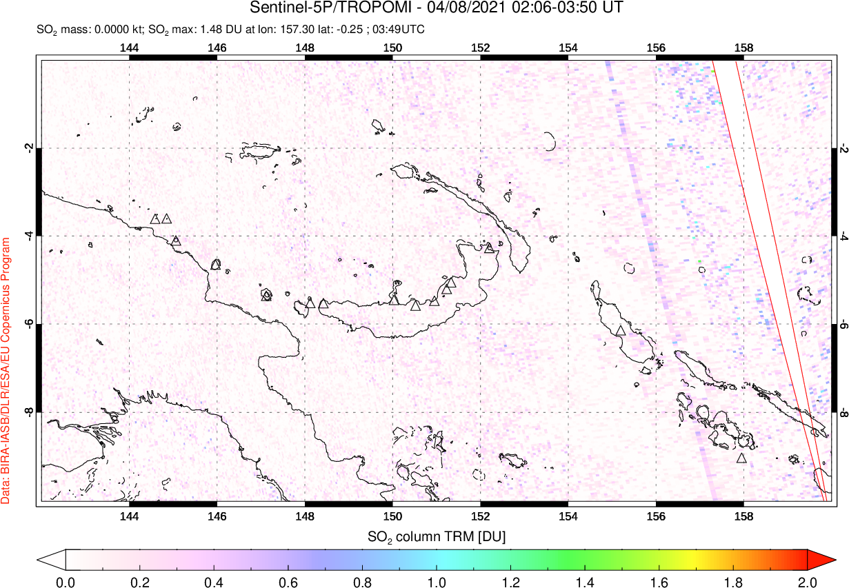 A sulfur dioxide image over Papua, New Guinea on Apr 08, 2021.