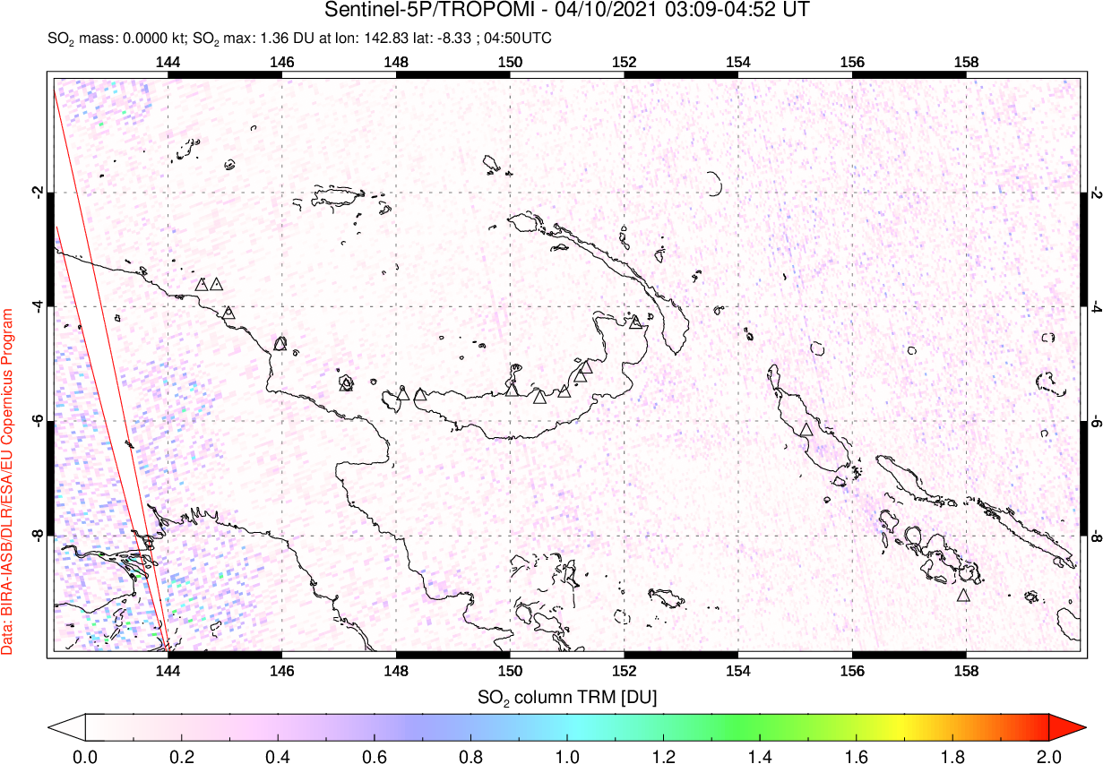 A sulfur dioxide image over Papua, New Guinea on Apr 10, 2021.