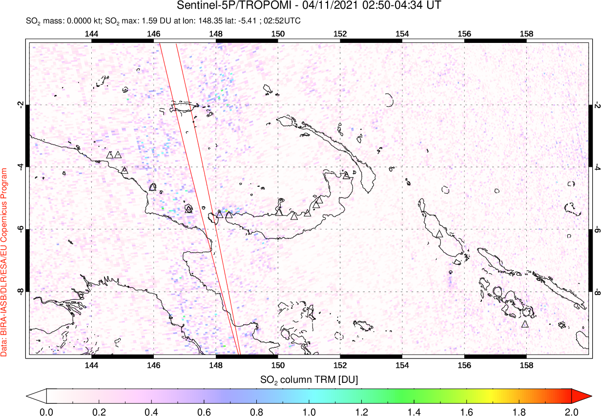 A sulfur dioxide image over Papua, New Guinea on Apr 11, 2021.