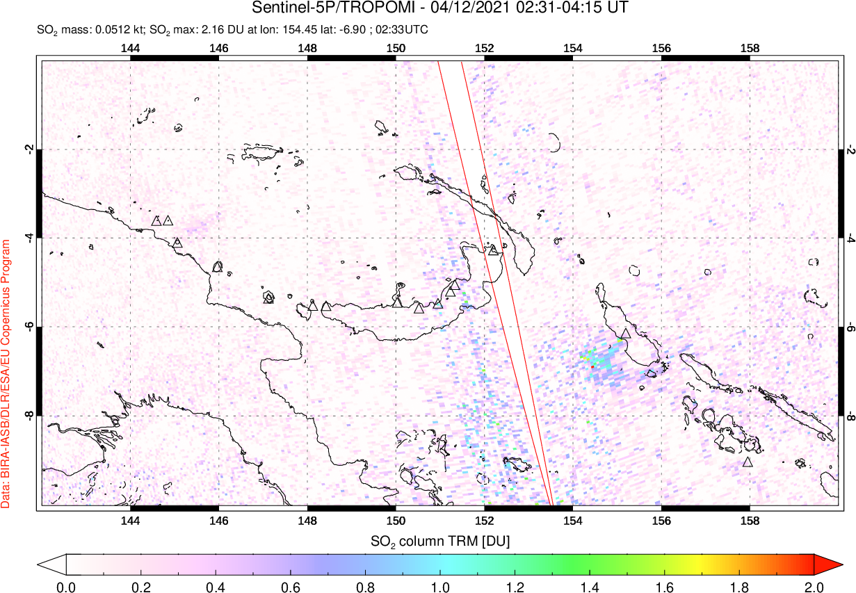 A sulfur dioxide image over Papua, New Guinea on Apr 12, 2021.