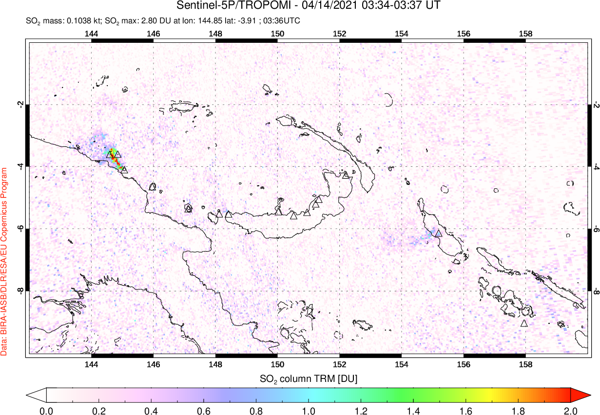 A sulfur dioxide image over Papua, New Guinea on Apr 14, 2021.