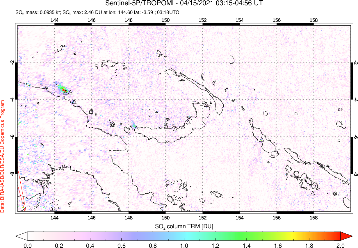 A sulfur dioxide image over Papua, New Guinea on Apr 15, 2021.