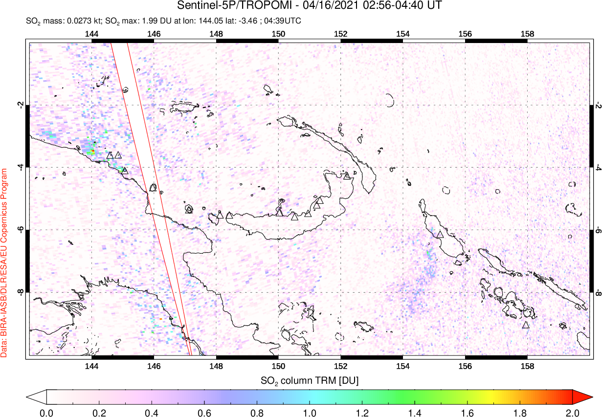 A sulfur dioxide image over Papua, New Guinea on Apr 16, 2021.
