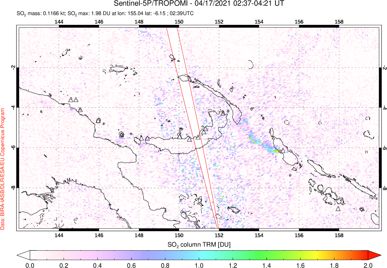 A sulfur dioxide image over Papua, New Guinea on Apr 17, 2021.