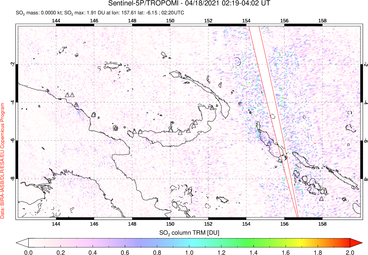 A sulfur dioxide image over Papua, New Guinea on Apr 18, 2021.
