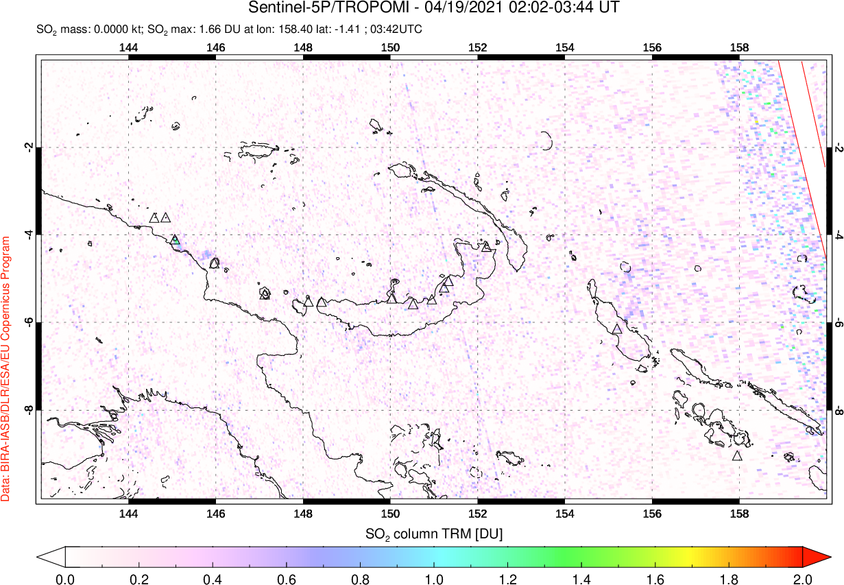 A sulfur dioxide image over Papua, New Guinea on Apr 19, 2021.