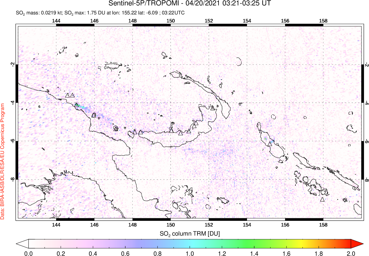 A sulfur dioxide image over Papua, New Guinea on Apr 20, 2021.