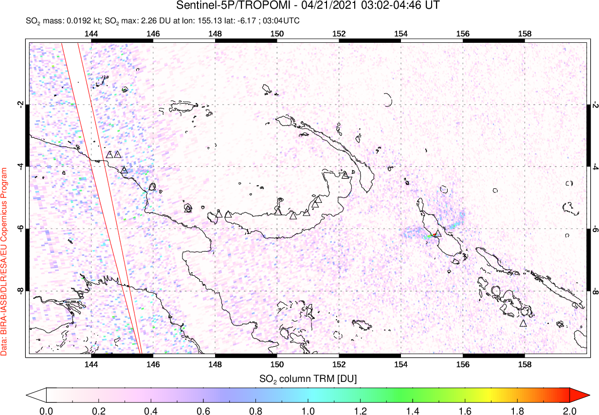 A sulfur dioxide image over Papua, New Guinea on Apr 21, 2021.