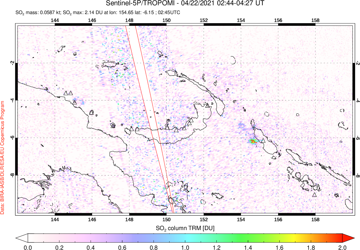 A sulfur dioxide image over Papua, New Guinea on Apr 22, 2021.