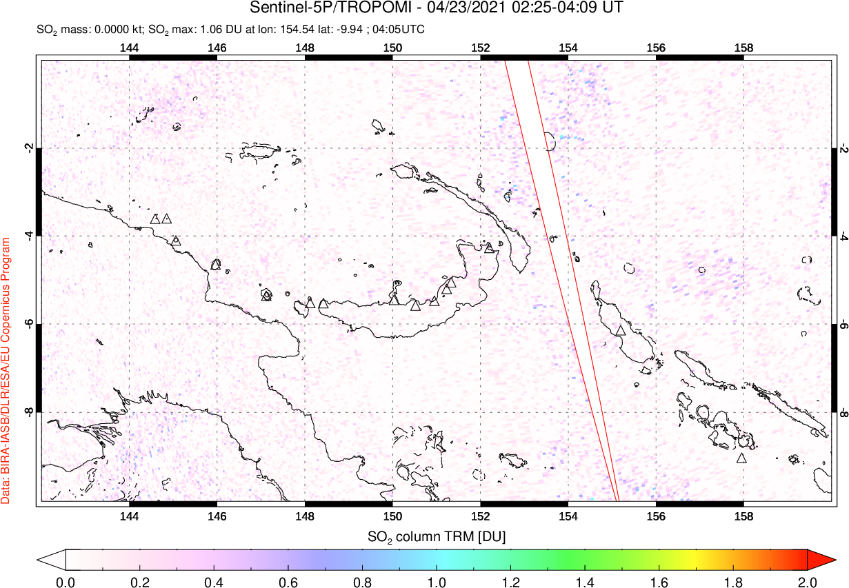 A sulfur dioxide image over Papua, New Guinea on Apr 23, 2021.