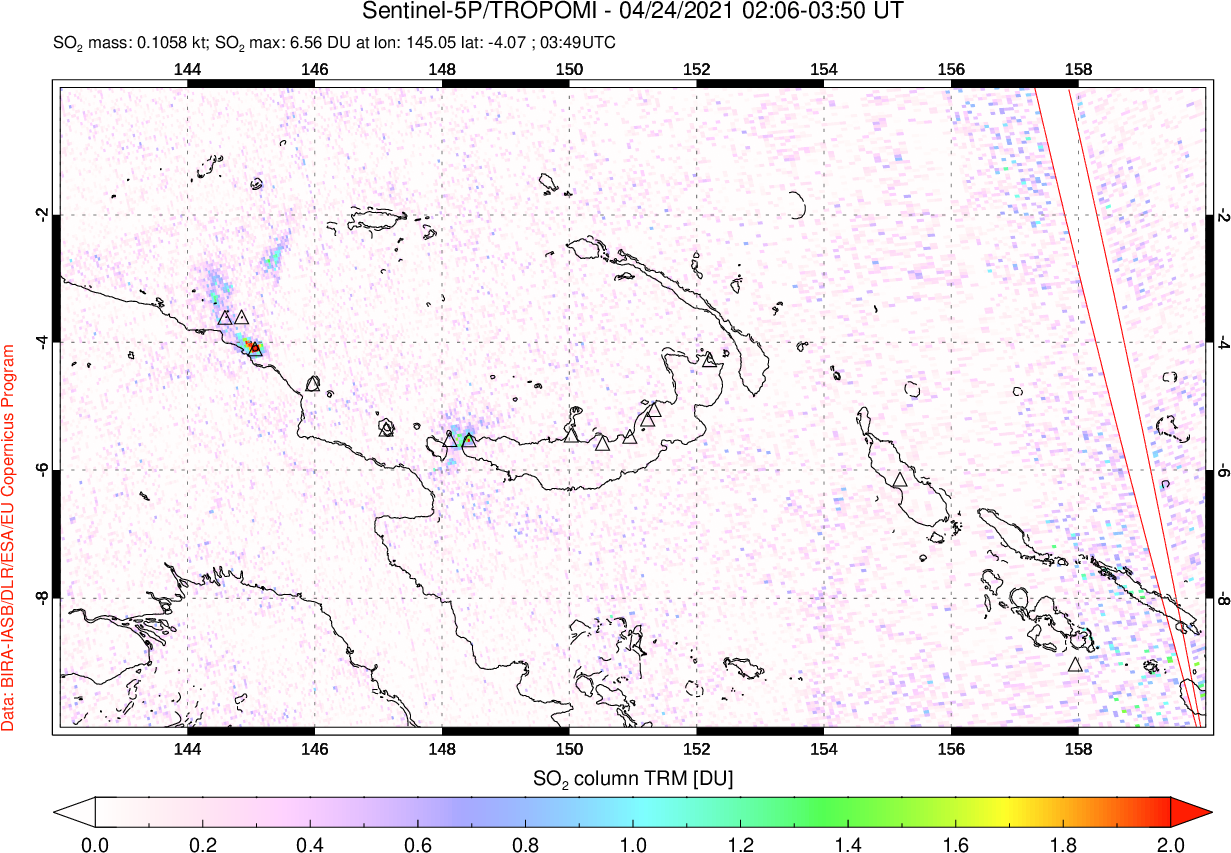 A sulfur dioxide image over Papua, New Guinea on Apr 24, 2021.