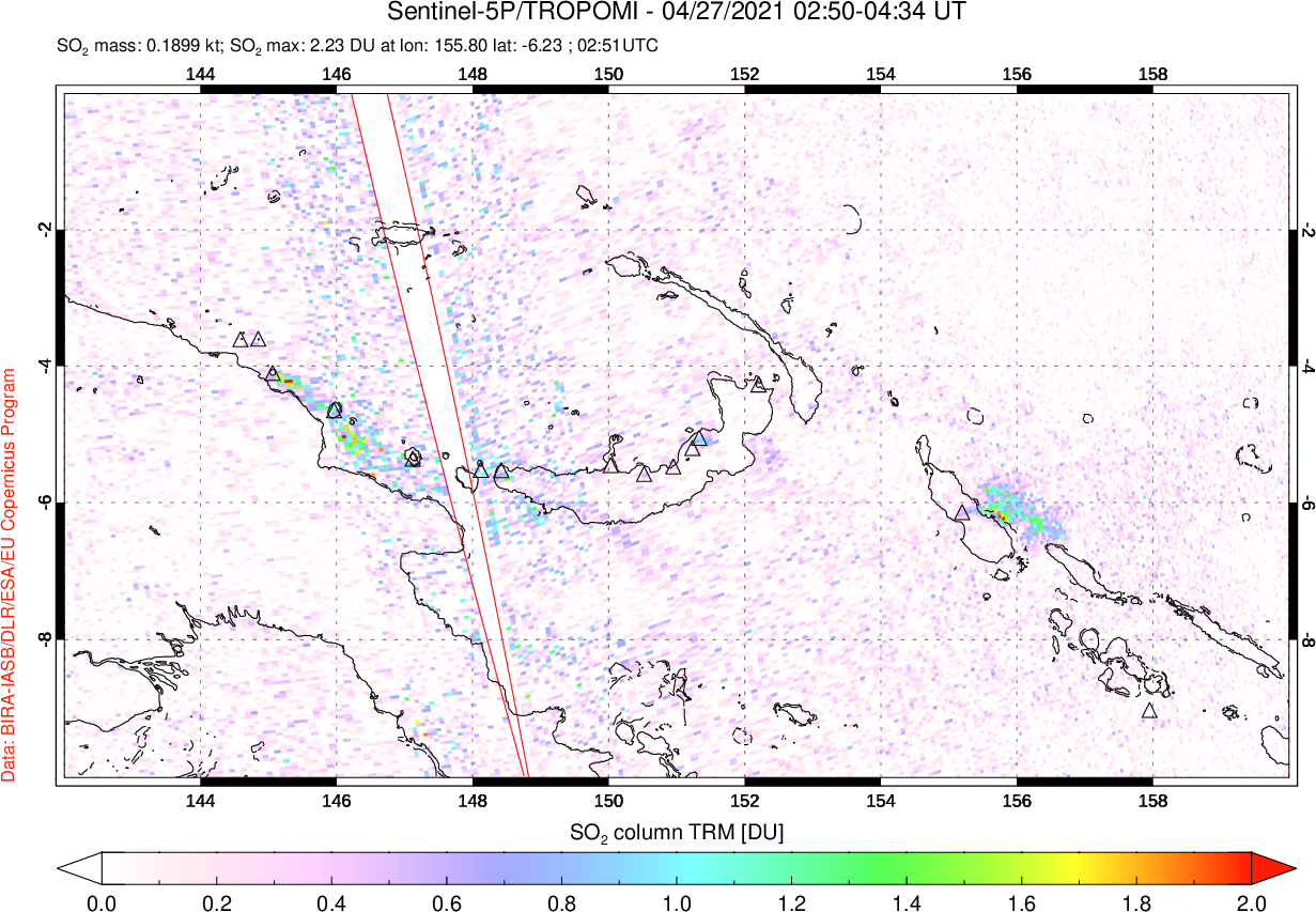 A sulfur dioxide image over Papua, New Guinea on Apr 27, 2021.