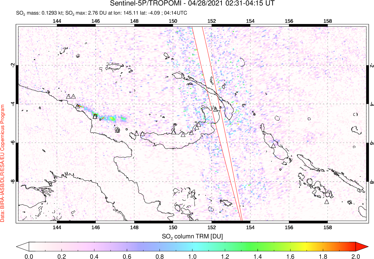 A sulfur dioxide image over Papua, New Guinea on Apr 28, 2021.
