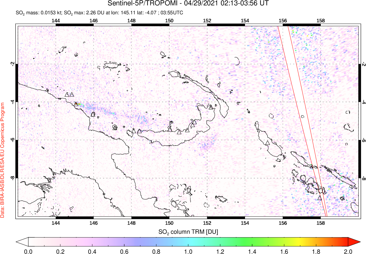 A sulfur dioxide image over Papua, New Guinea on Apr 29, 2021.