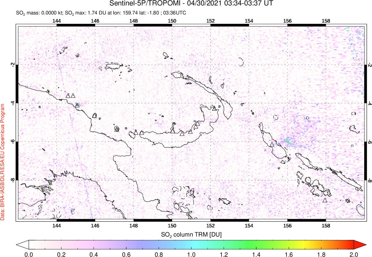 A sulfur dioxide image over Papua, New Guinea on Apr 30, 2021.