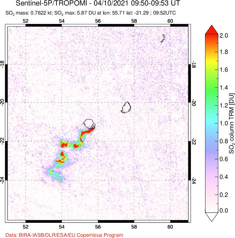 A sulfur dioxide image over Reunion Island, Indian Ocean on Apr 10, 2021.