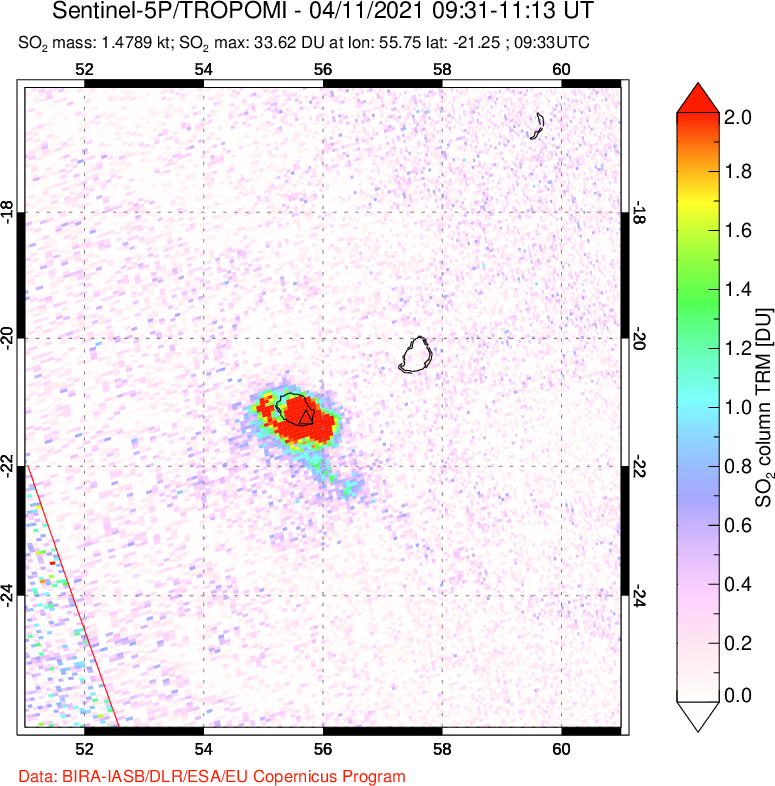 A sulfur dioxide image over Reunion Island, Indian Ocean on Apr 11, 2021.