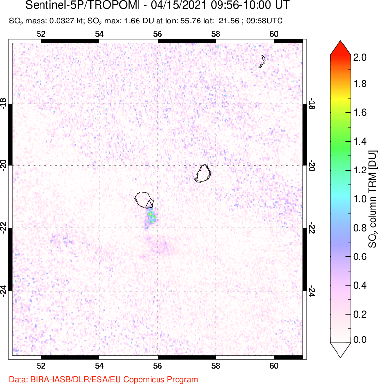 A sulfur dioxide image over Reunion Island, Indian Ocean on Apr 15, 2021.