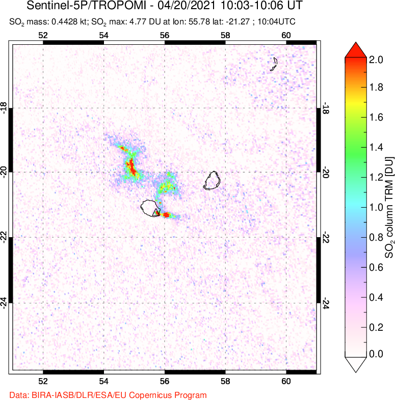 A sulfur dioxide image over Reunion Island, Indian Ocean on Apr 20, 2021.