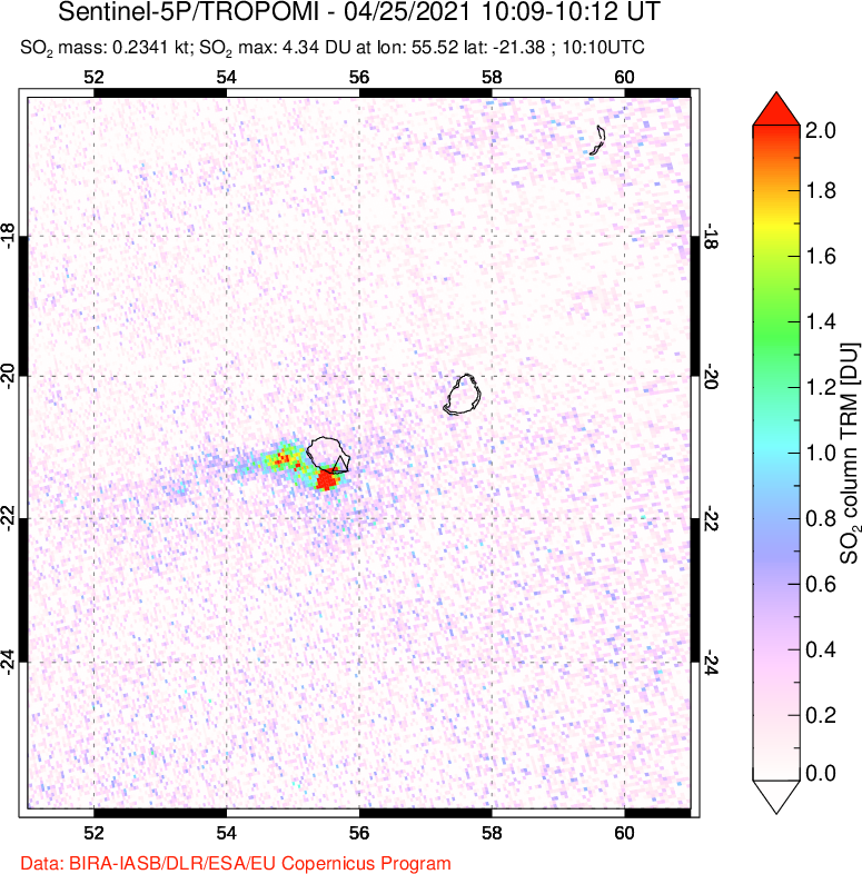 A sulfur dioxide image over Reunion Island, Indian Ocean on Apr 25, 2021.