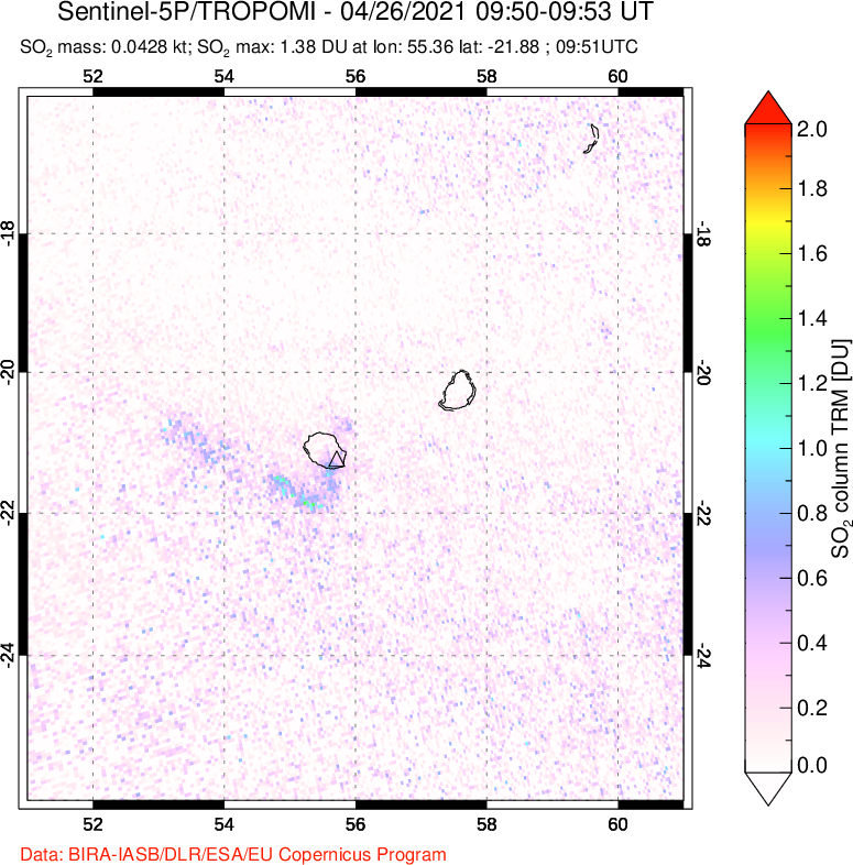 A sulfur dioxide image over Reunion Island, Indian Ocean on Apr 26, 2021.