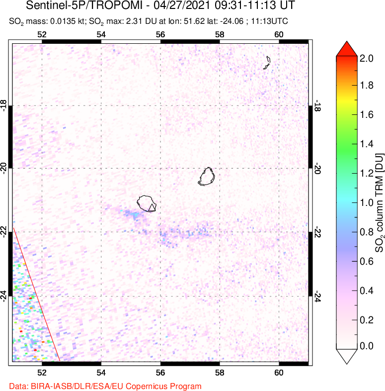 A sulfur dioxide image over Reunion Island, Indian Ocean on Apr 27, 2021.