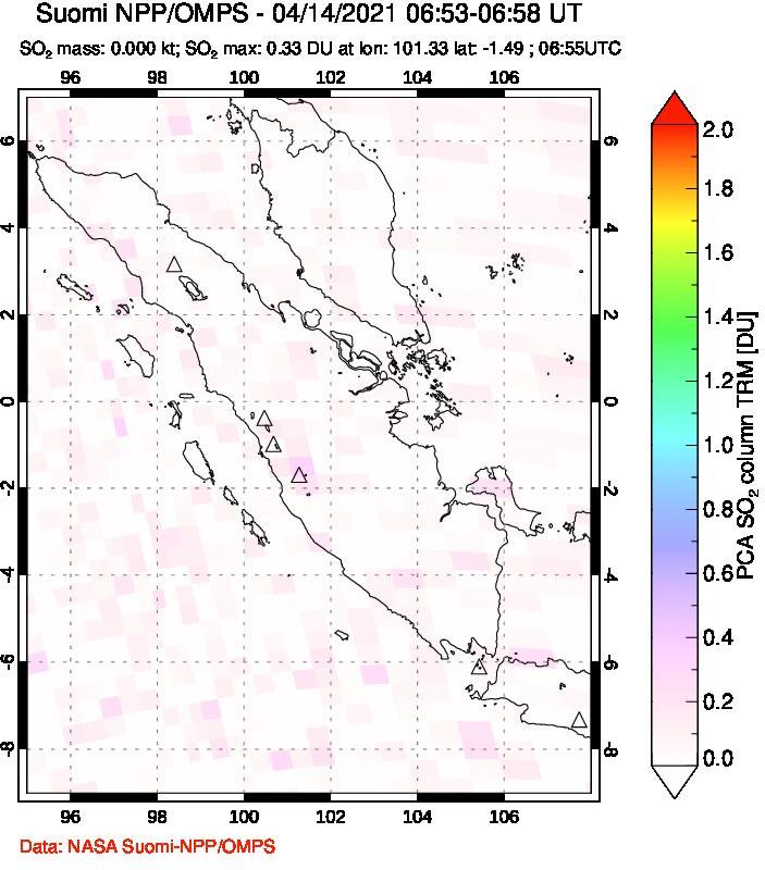 A sulfur dioxide image over Sumatra, Indonesia on Apr 14, 2021.