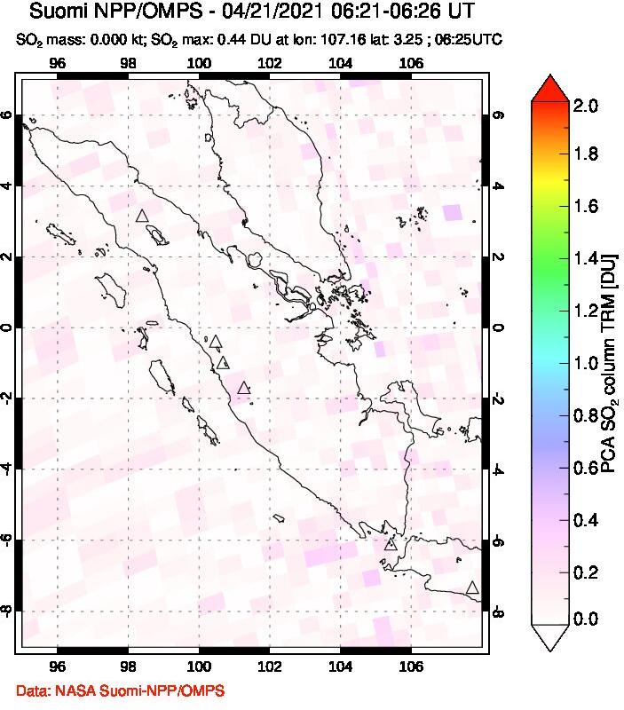 A sulfur dioxide image over Sumatra, Indonesia on Apr 21, 2021.