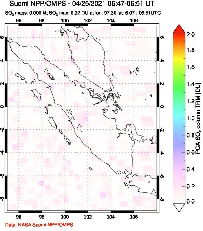 A sulfur dioxide image over Sumatra, Indonesia on Apr 25, 2021.