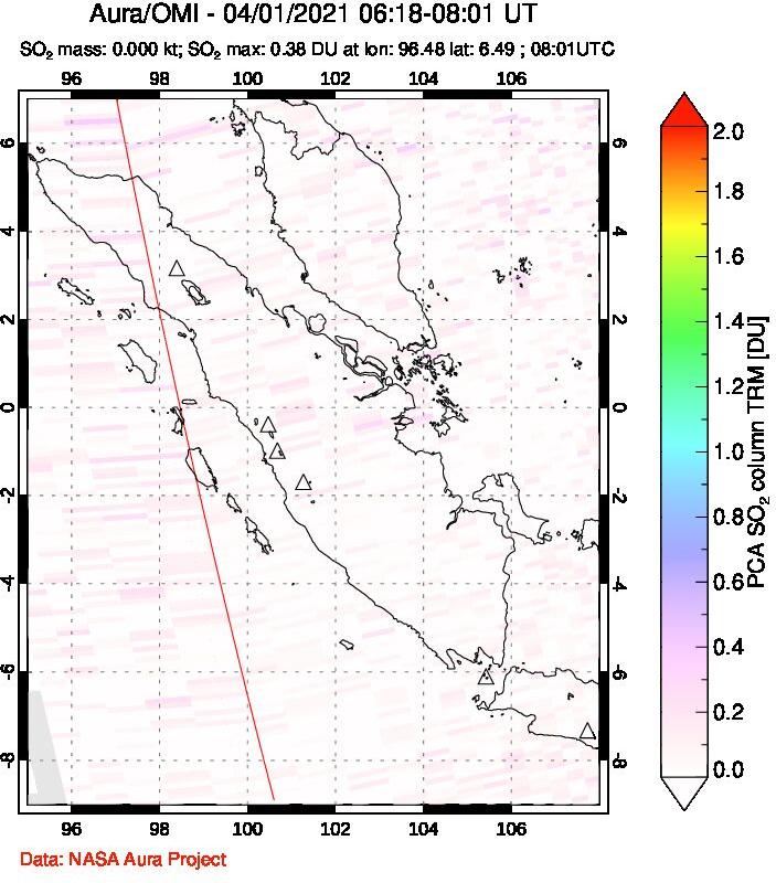 A sulfur dioxide image over Sumatra, Indonesia on Apr 01, 2021.