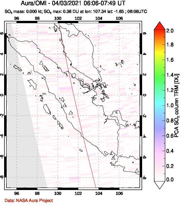 A sulfur dioxide image over Sumatra, Indonesia on Apr 03, 2021.