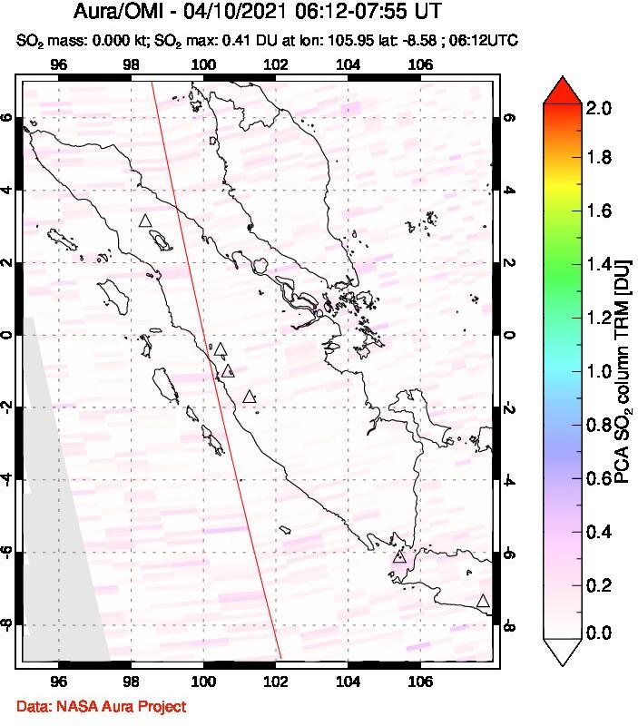A sulfur dioxide image over Sumatra, Indonesia on Apr 10, 2021.