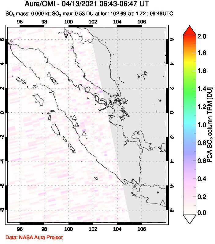 A sulfur dioxide image over Sumatra, Indonesia on Apr 13, 2021.