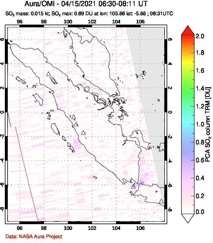 A sulfur dioxide image over Sumatra, Indonesia on Apr 15, 2021.