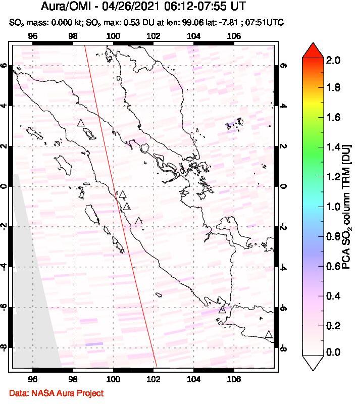 A sulfur dioxide image over Sumatra, Indonesia on Apr 26, 2021.