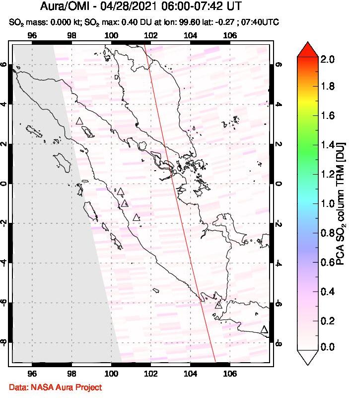 A sulfur dioxide image over Sumatra, Indonesia on Apr 28, 2021.