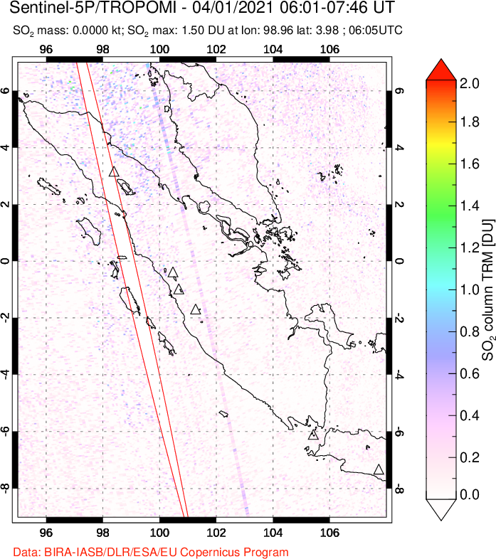 A sulfur dioxide image over Sumatra, Indonesia on Apr 01, 2021.